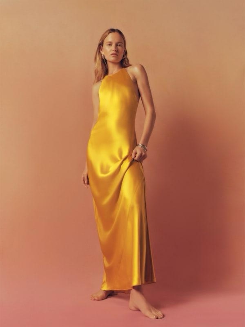 Reformation Jeany Yellow Backless Silk Dress